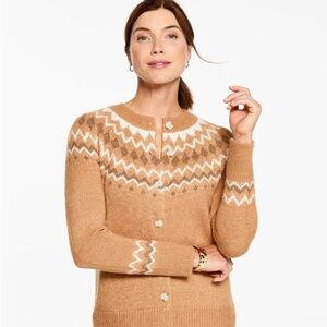 NWT Talbots Camel Fair isle Tan and White Knit Cardigan Wool blend